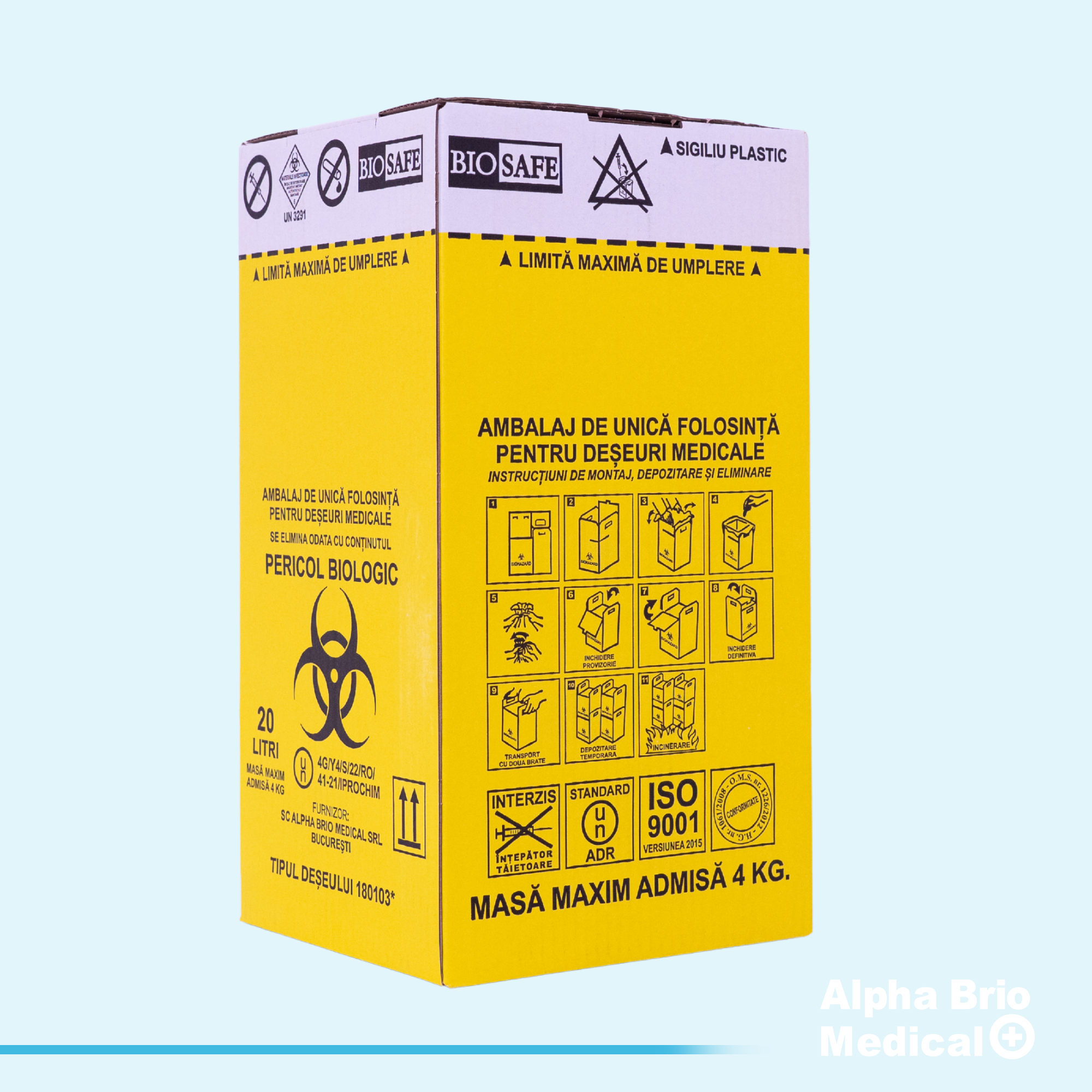 Cutii carton 20 L pentru incinerare cu sac galben inclus BIOSAFE