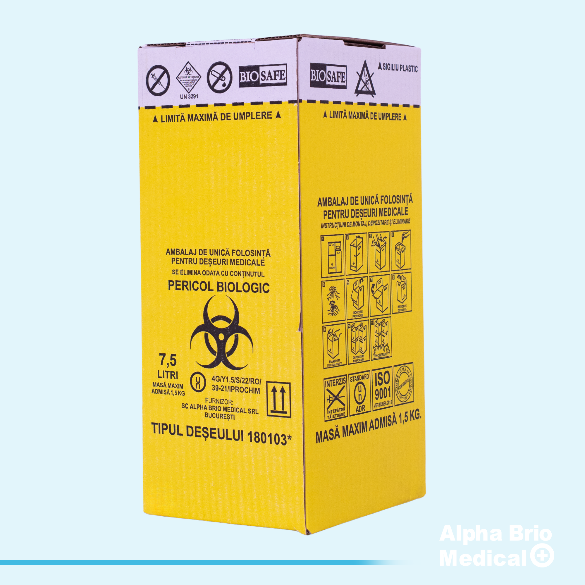 Cutii carton 7,5 L pentru incinerare cu sac galben inclus BIOSAFE