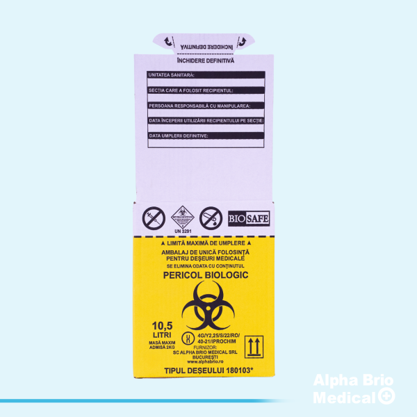 Cutii carton 10,5 L pentru incinerare cu sac galben inclus BIOSAFE