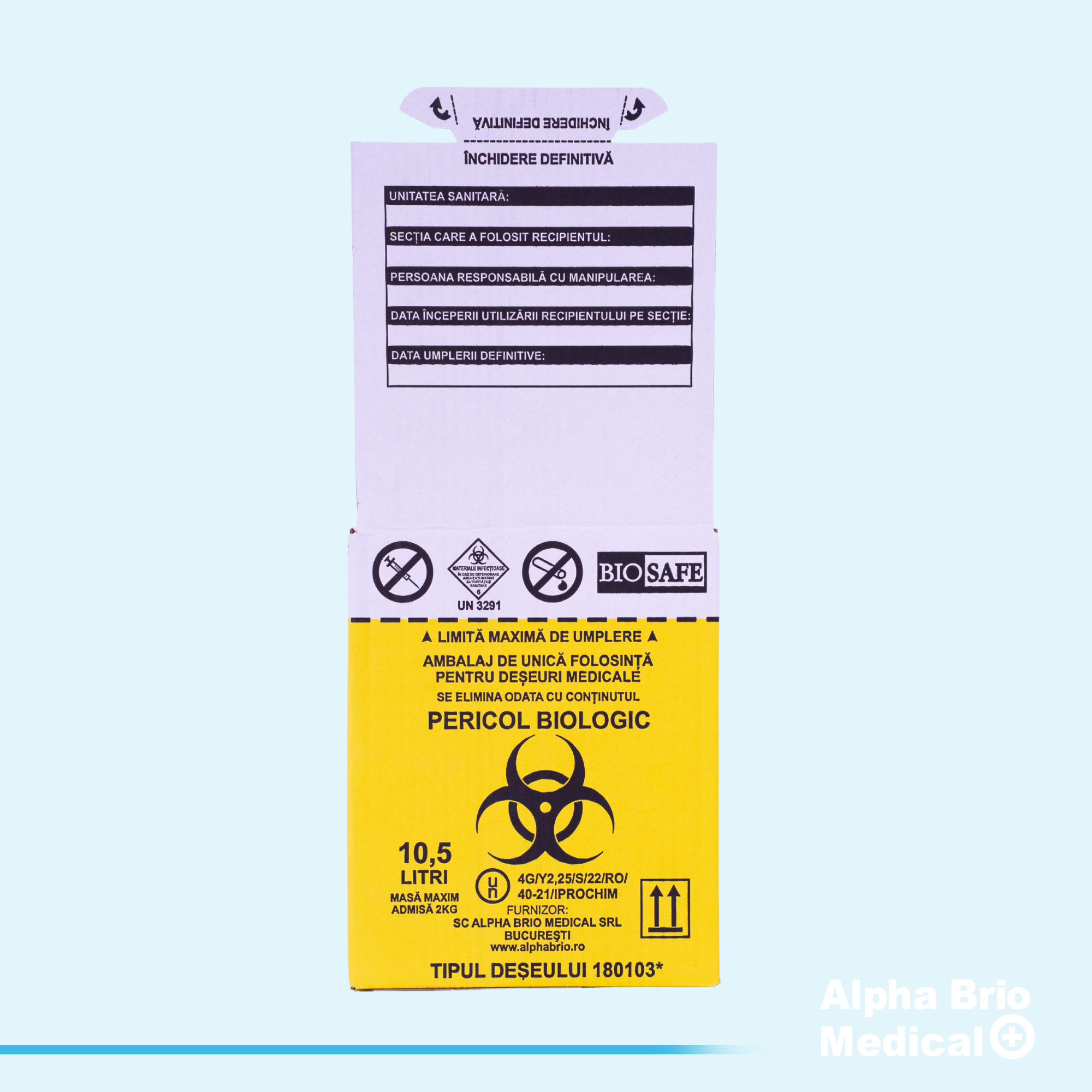 Cutii carton 10,5 L pentru incinerare cu sac galben inclus BIOSAFE